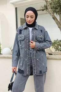 İnci Detay Kot Gömlek  Füme