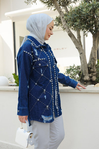 İnci Detay Kot Gömlek Mavi