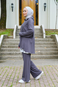 İp Detay Kapüşonlu İkili Takım Füme