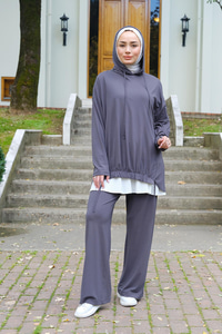 İp Detay Kapüşonlu İkili Takım Füme