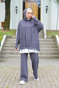 İp Detay Kapüşonlu İkili Takım Füme