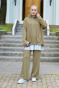 İp Detay Kapüşonlu İkili Takım Yağ Yeşil