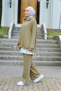 İp Detay Kapüşonlu İkili Takım Yağ Yeşil