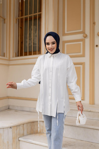 İp Detaylı Yırtmaçlı Gömlek Beyaz