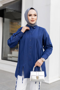 İp Detaylı Yırtmaçlı Gömlek Lacivert