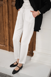 İp Kemerli Bol Paça Pike Pantolon Beyaz