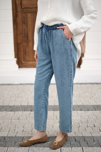 İp Kemerli Bol Paça Pike Pantolon Buz Mavi