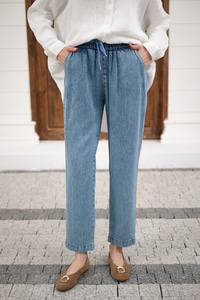 İp Kemerli Bol Paça Pike Pantolon Buz Mavi