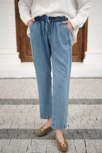 İp Kemerli Bol Paça Pike Pantolon Buz Mavi