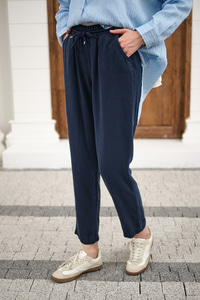 İp Kemerli Bol Paça Pike Pantolon Lacivert