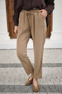 İp Kemerli Bol Paça Pike Pantolon Vizon