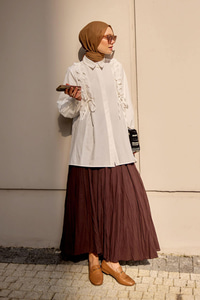 İpli Büzgü Detaylı Gömlek Beyaz