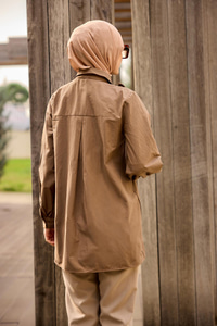 İpli Büzgü Detaylı Gömlek Kahverengi