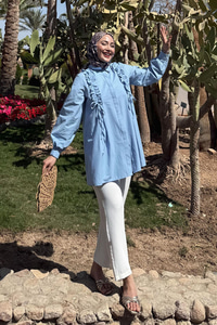 İpli Büzgü Detaylı Gömlek Mavi