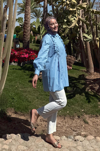 İpli Büzgü Detaylı Gömlek Mavi