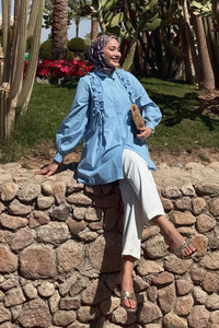 İpli Büzgü Detaylı Gömlek Mavi