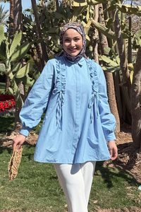 İpli Büzgü Detaylı Gömlek Mavi