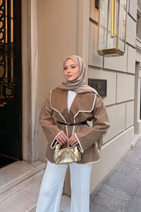 İşlemeli Kemerli Süet Ceket Kahverengi