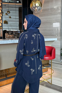 İşlemeli Kemerli Takım Lacivert