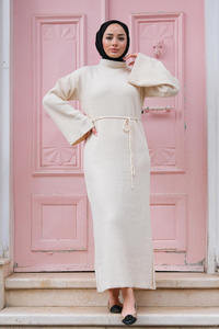 İspanyol Kol Boğazlı Triko Elbise  Bej