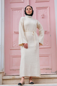 İspanyol Kol Boğazlı Triko Elbise  Bej