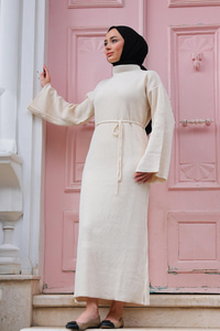 İspanyol Kol Boğazlı Triko Elbise  Bej