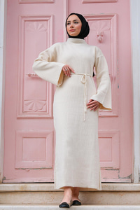 İspanyol Kol Boğazlı Triko Elbise  Bej