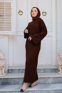 İspanyol Kol Boğazlı Triko Elbise Kahverengi