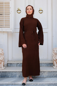 İspanyol Kol Boğazlı Triko Elbise Kahverengi