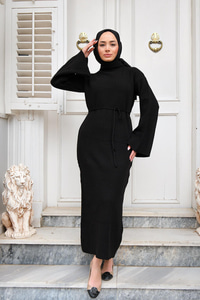 İspanyol Kol Boğazlı Triko Elbise Siyah