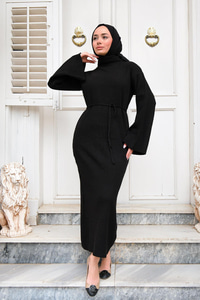 İspanyol Kol Boğazlı Triko Elbise Siyah
