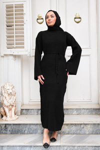İspanyol Kol Boğazlı Triko Elbise Siyah