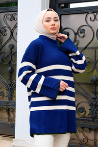 İspanyol Kol Çizgili Triko Kazak Mavi