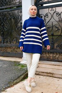 İspanyol Kol Çizgili Triko Kazak Mavi