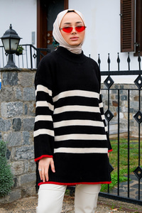 İspanyol Kol Çizgili Triko Kazak Siyah