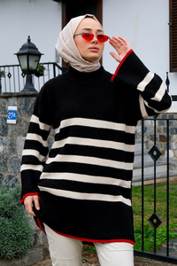 İspanyol Kol Çizgili Triko Kazak Siyah