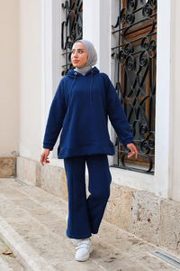 İspanyol Paça Kapüşonlu İkili Takım Lacivert