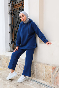 İspanyol Paça Kapüşonlu İkili Takım Lacivert