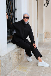 İspanyol Paça Kapüşonlu İkili Takım Siyah