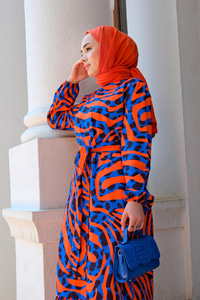 Jakar Desenli Bel Bağlamalı Elbise MAVI