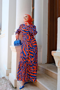 Jakar Desenli Bel Bağlamalı Elbise MAVI