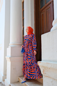 Jakar Desenli Bel Bağlamalı Elbise MAVI