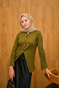 Kabartma Çizgi Detaylı Hırka Yağ Yeşil