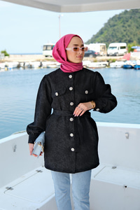 Kabartma Desen Taş Aksesuarlı Gömlek SIYAH