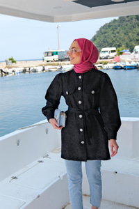 Kabartma Desen Taş Aksesuarlı Gömlek SIYAH