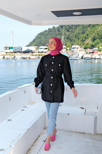 Kabartma Desen Taş Aksesuarlı Gömlek SIYAH