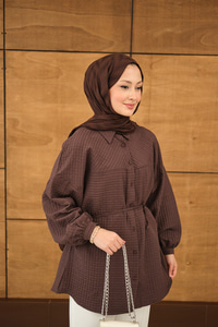 Kabartma Kare Desenli Gömlek Kahverengi