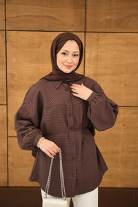 Kabartma Kare Desenli Gömlek Kahverengi