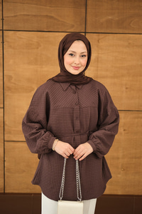 Kabartma Kare Desenli Gömlek Kahverengi