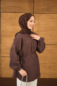 Kabartma Kare Desenli Gömlek Kahverengi